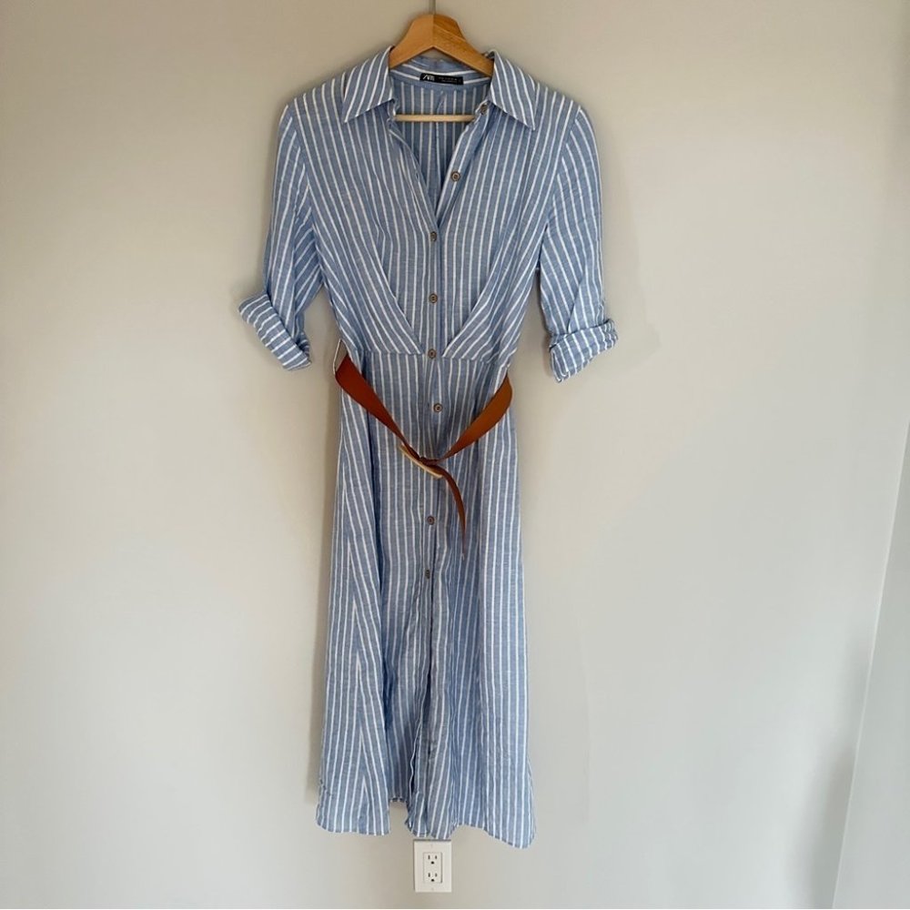 Zara Blue Stripe Linen Blend  Button Up Shirt Dress | size XS - Picture 9 of 13